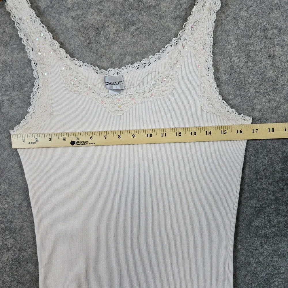 Chico's Women's Pale Pink Tank Top‎ Size 3 (XL) Lace Trim Beaded Sequined Ribbed